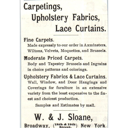 Carpetings, Upholstery Fabrics, Lace Curtains W&J Sloane NY c1890 Ad AE8-CH5