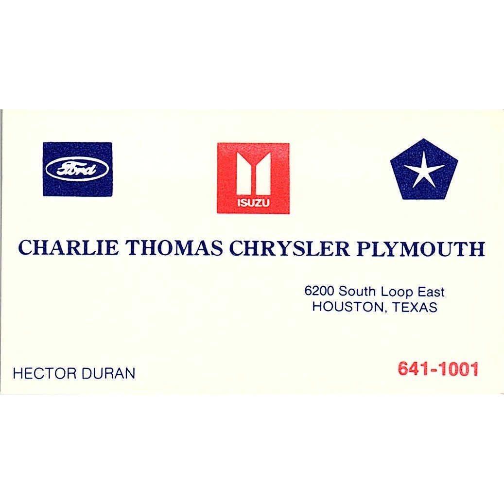 Hector Duran Charlie Thomas Chrysler Plymouth Houston Vtg Business Card SD9-B6