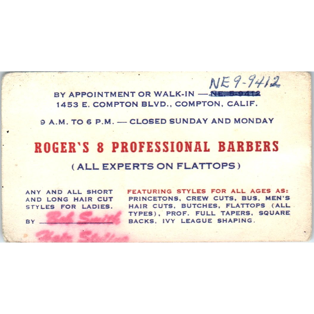 Roger's 8 Professional Barbers Compton CA Vintage Business Card SD8-B9