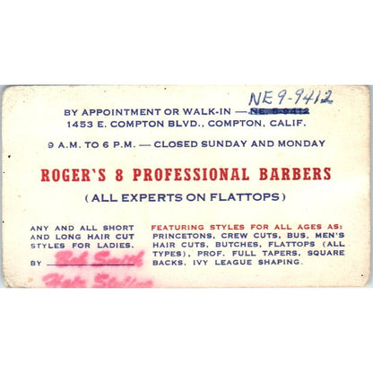 Roger's 8 Professional Barbers Compton CA Vintage Business Card SD8-B9