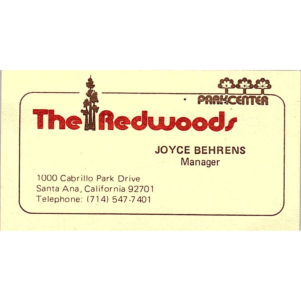 The Redwoods Park Center Joyce Behrens Santa Ana Vintage Business Card SE3-B16