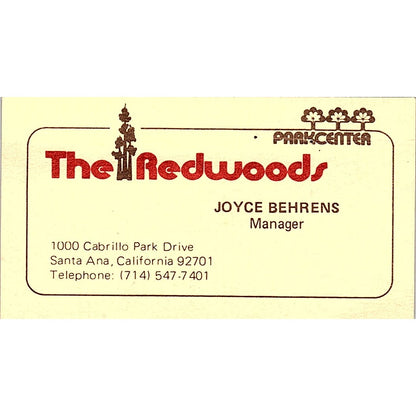 The Redwoods Park Center Joyce Behrens Santa Ana Vintage Business Card SE3-B16