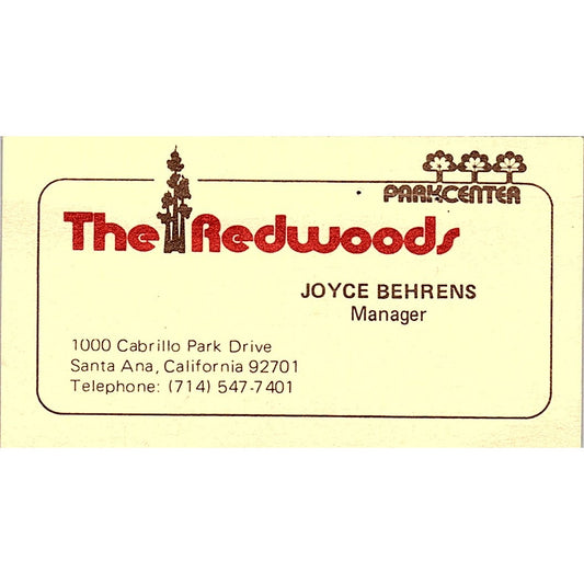 The Redwoods Park Center Joyce Behrens Santa Ana Vintage Business Card SE3-B16