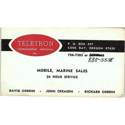 Teletron Communication Electronics DAVID CORBIN Oranga, CA Business Card SF3-B8