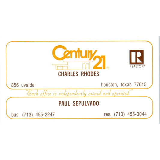 Paul Sepulvado Charles Rhodes Century 21 Realty Houston TX Business Card SD4-B5