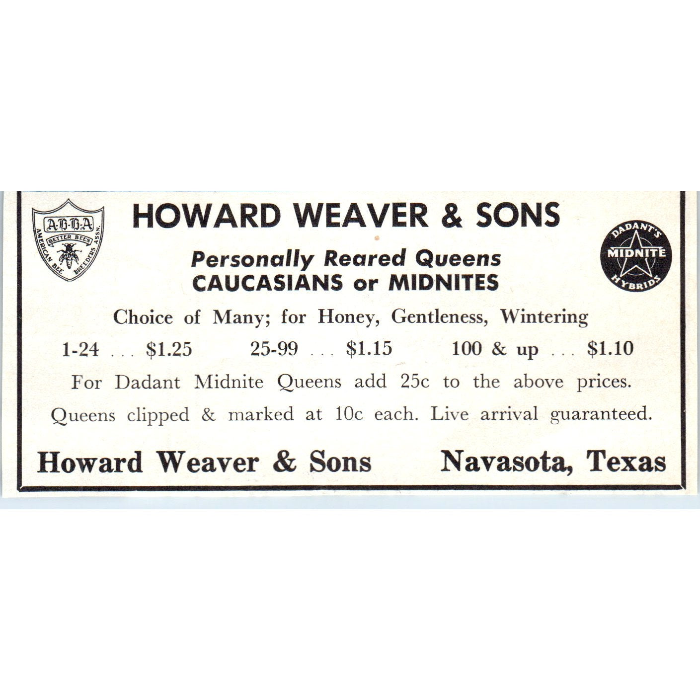 Howard Weaver & Sons Queen Bees Navasota Texas 1964 Magazine Ad AB6-LB