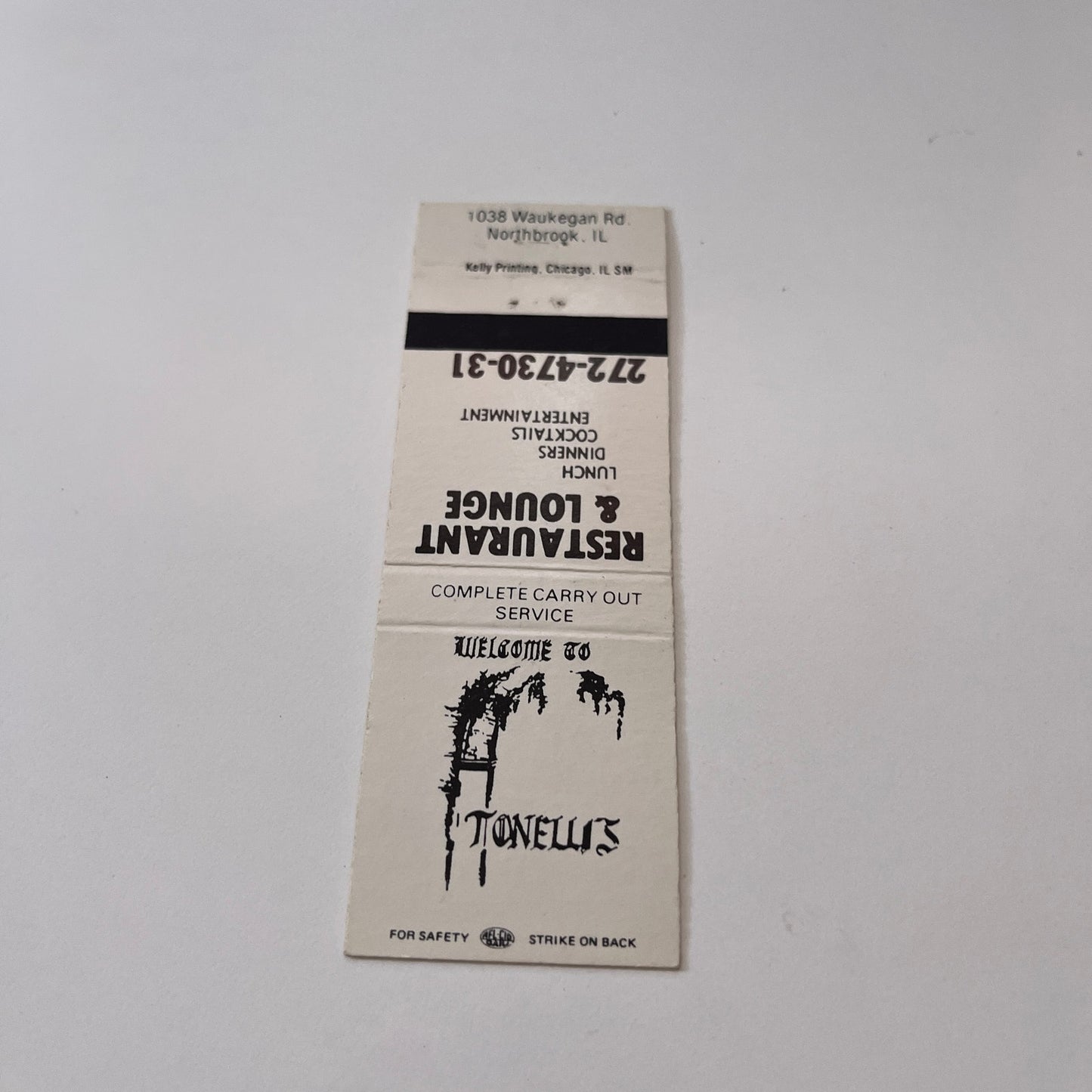 Tonelli's Restaurant Northbrook IL Vintage Matchbook Cover TB6-MB2-1