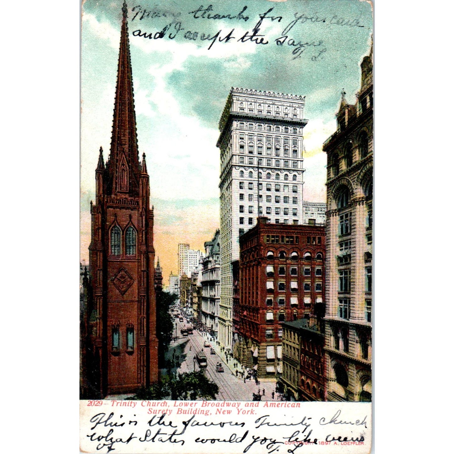 1908 Trinity Church Lower Broadway American Surety Bldg New York Postcard PD3