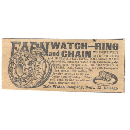 Watch Ring Chain Giveaway Dale Watch Co Chicago 1910 Magazine Ad AF1-SS9