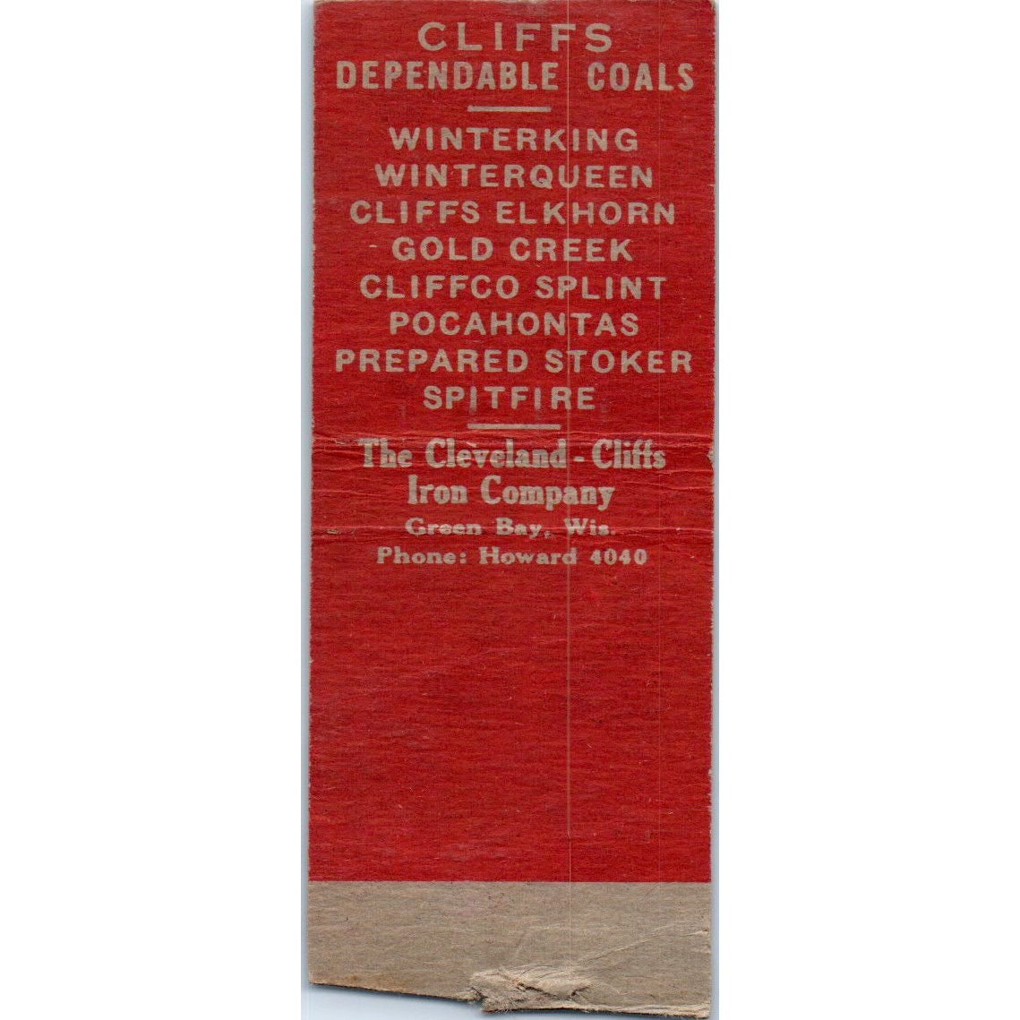 Cliffs Coal Cleveland-Cliffs Iron Co Green Bay Escanaba Matchbook Cover SD4-Y13