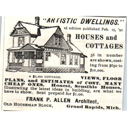 Frank P. Allen Architect Grand Rapids MI c1890 Victorian Ad AE8-CH10