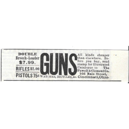 Powell & Clement Co Guns, Watches, Bicycles Cincinnati 1892 Ad AG2-S23