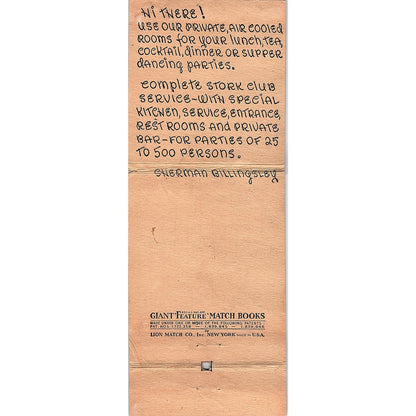 The Stork Club East 53rd St. New York Giant Matchbook Cover TH2-Y4