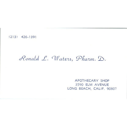 Ronald L. Waters Pharm. D. Apothecary Shop Long Beach CA Business Card SD8-B15