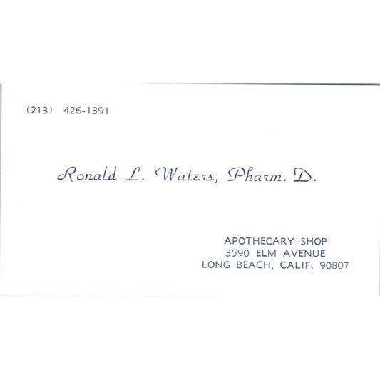 Ronald L. Waters Pharm. D. Apothecary Shop Long Beach CA Business Card SD8-B15