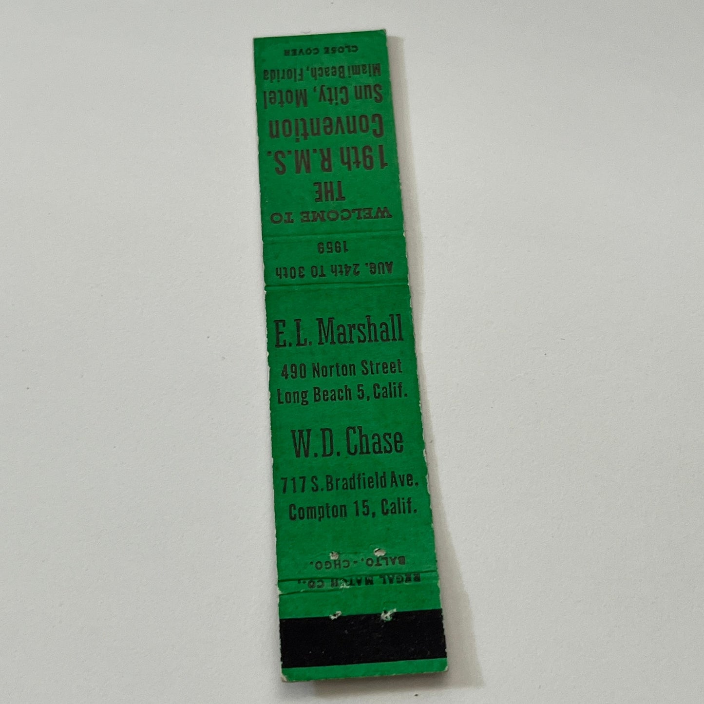 19th RMS Convention E.L. Marshall W.D. Chase Miami Beach FL Matchbook TB6-MB1-14