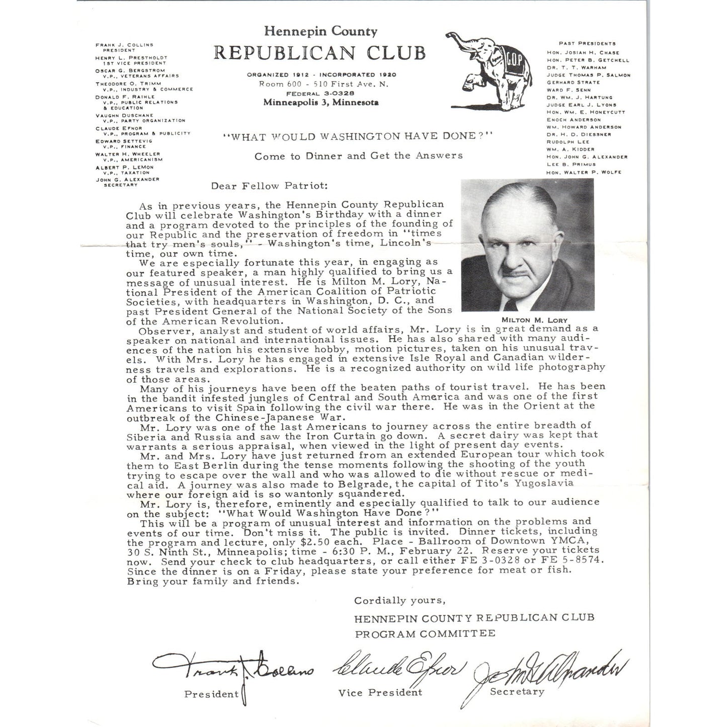 1950s Hennepin County Republican Club Milton M. Lory Invitation Minneapolis D9
