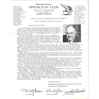 1950s Hennepin County Republican Club Milton M. Lory Invitation Minneapolis D9