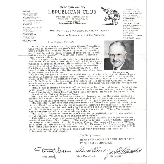 1950s Hennepin County Republican Club Milton M. Lory Invitation Minneapolis D9