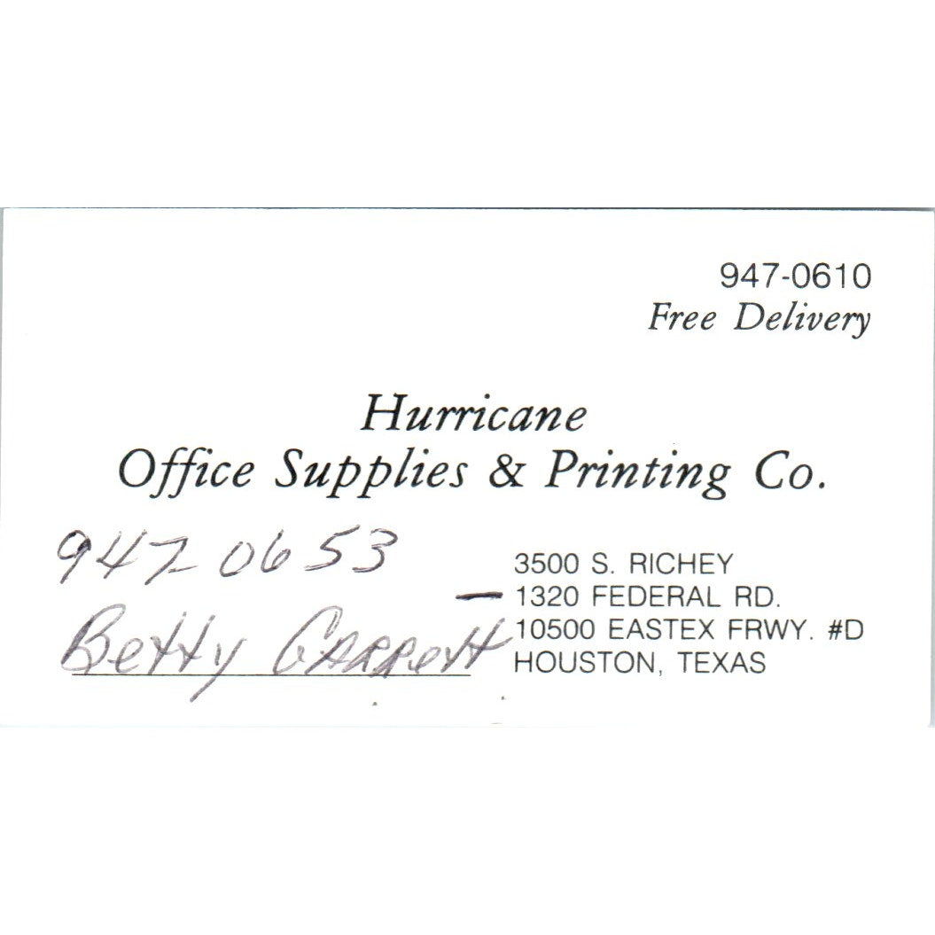 Betty Garrett Hurricane Office Supplies Houston Vintage Business Card SE3-B5