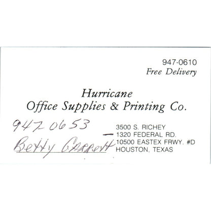 Betty Garrett Hurricane Office Supplies Houston Vintage Business Card SE3-B5