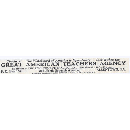1931 Great American Teachers Agency Allentown PA Original Advertisement AE5-SA1