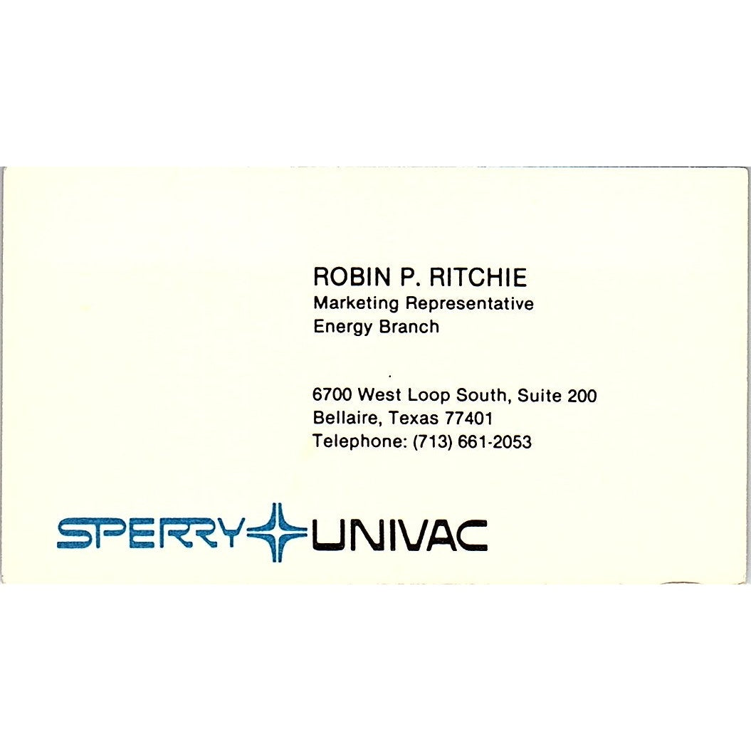 Robin P Ritchie Sperry Univac Bellaire TX Vintage Business Card SD9-B2