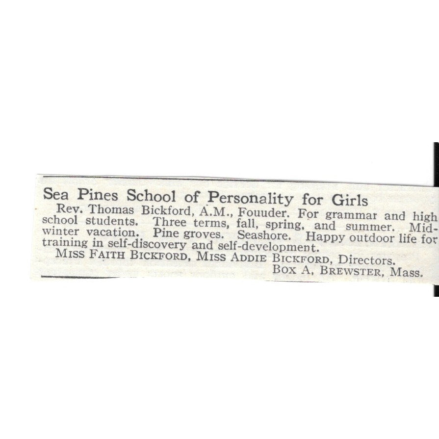 Sea Pines School of Personality for Girls Brewster MA F Bickford c1920 Ad AG4-S9