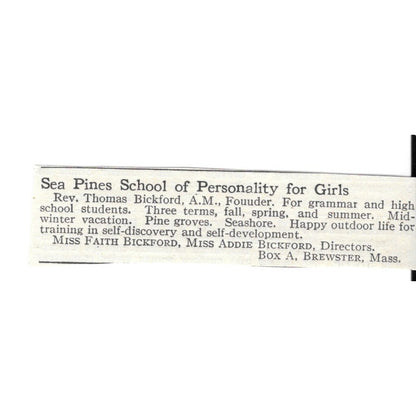 Sea Pines School of Personality for Girls Brewster MA F Bickford c1920 Ad AG4-S9