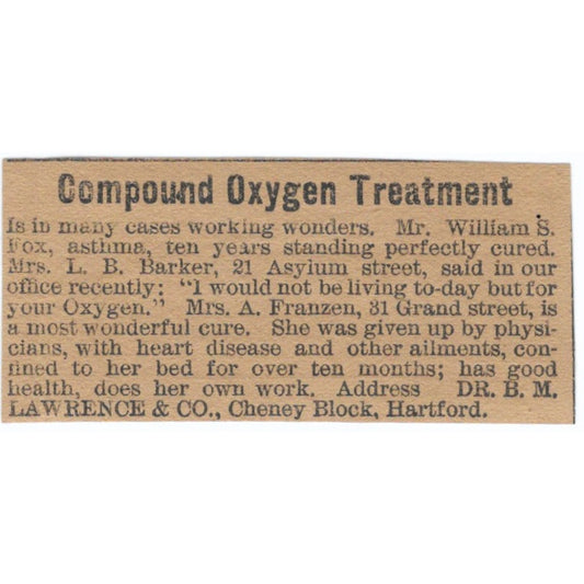 Compound Oxygen Treatment Lawrence & Co Hartford 1886 Newspaper Ad AF7-SS7