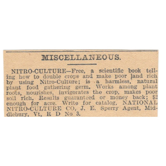 Nitro Culture Co J.E. Sperry Middlebury VT 1905 Magazine Ad AF1-NES3