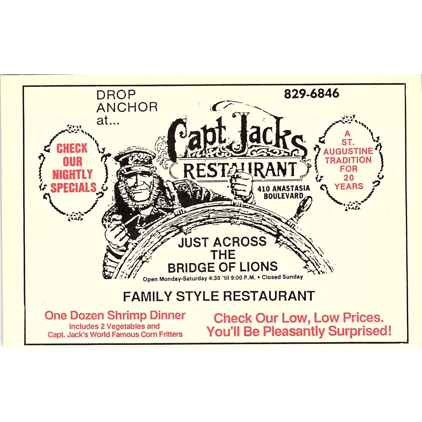 Capt Jacks Restaurant 410 Anastasia Blvd St. Augustine FL 1989 Ad AF9-12
