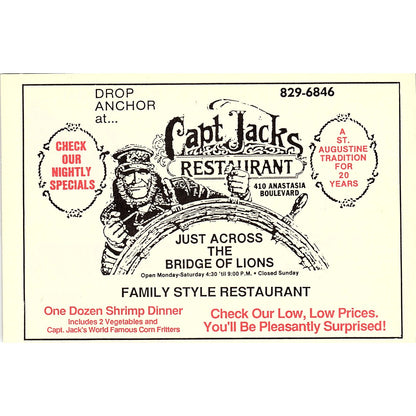Capt Jacks Restaurant 410 Anastasia Blvd St. Augustine FL 1989 Ad AF9-12