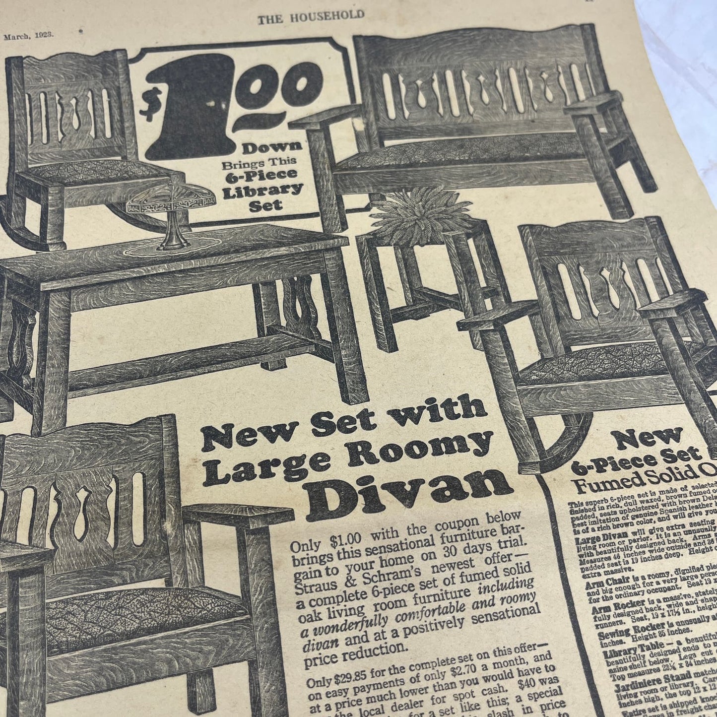 1923 Straus & Schram Fumed Oak Furniture Set 10x13 Magazine Advertisement FL6-7