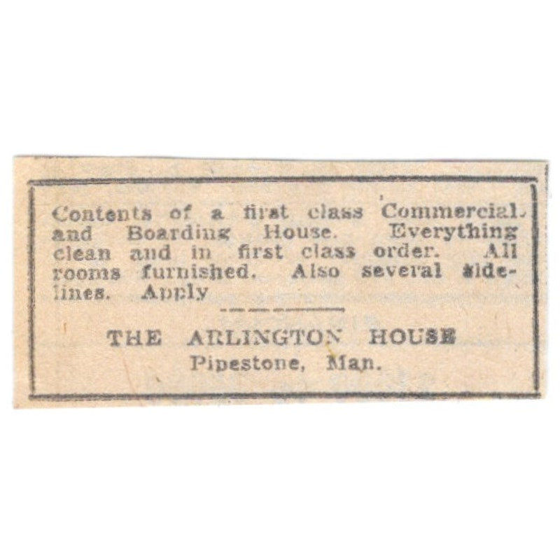 The Arlington House Boarding House Pipestone Manitoba 1920 Ad AG2-S3