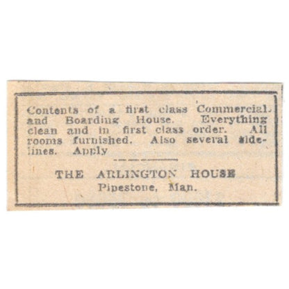 The Arlington House Boarding House Pipestone Manitoba 1920 Ad AG2-S3