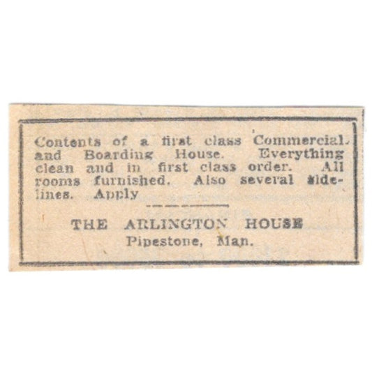 The Arlington House Boarding House Pipestone Manitoba 1920 Ad AG2-S3