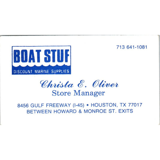 Christa E. Oliver Boat Stuf Houston TX Vintage Business Card SD8-B21