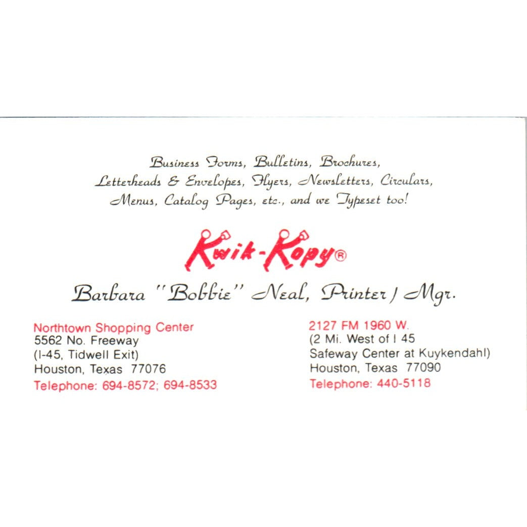 Barbara Bobbie Neal Kwik-Kopy Houston TX Vintage Business Card SD4-B3