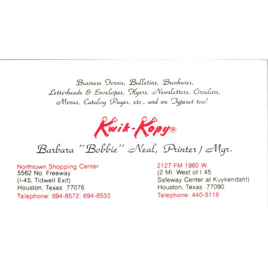 Barbara Bobbie Neal Kwik-Kopy Houston TX Vintage Business Card SD4-B3