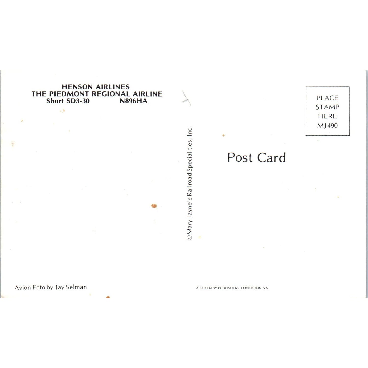 Henson Airlines Piedmont Regional Airline Short SD3-30 Vintage Postcard TG8-PC