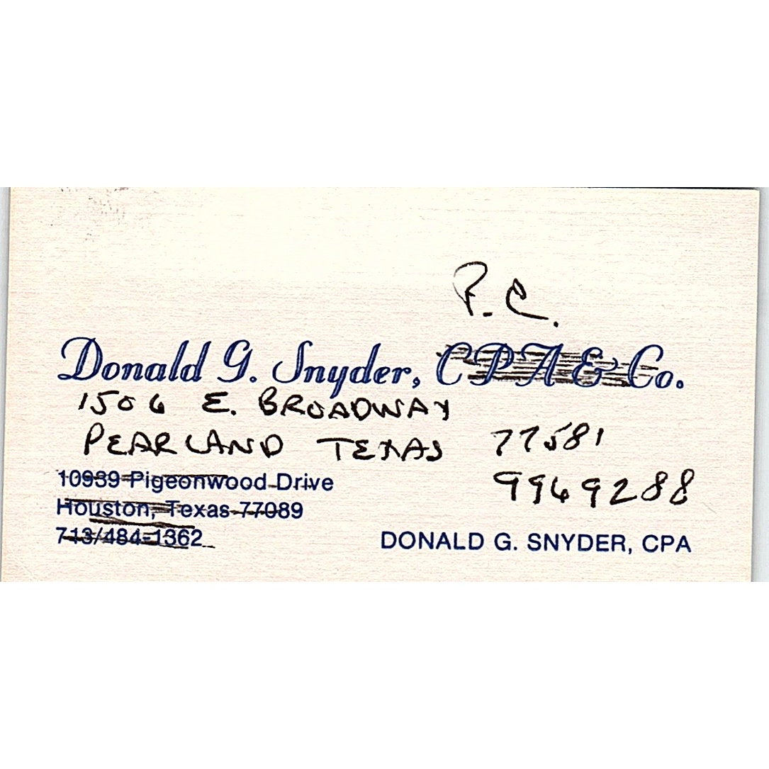 Donald G Snyder CPA Pearland TX Vintage Business Card SD9-B1