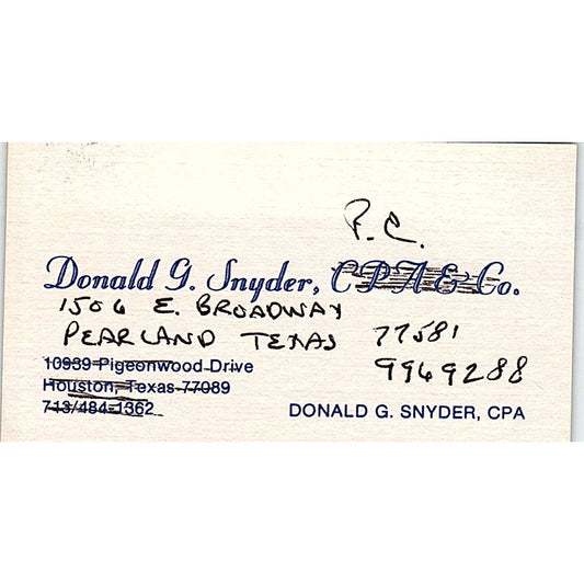 Donald G Snyder CPA Pearland TX Vintage Business Card SD9-B1