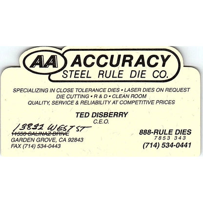 Ted Disberry AA Accuracy Steel Rule Die Co Garden Grove CA Business Card SC9-B8