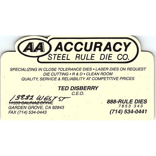 Ted Disberry AA Accuracy Steel Rule Die Co Garden Grove CA Business Card SC9-B8