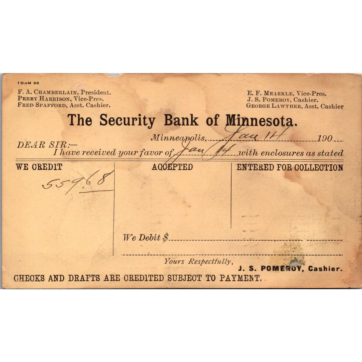 1907 The Security National Bank of Minnesota Postal Mailing Card AJ4-H3