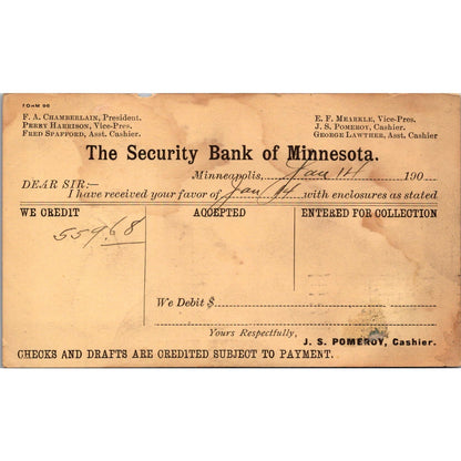 1907 The Security National Bank of Minnesota Postal Mailing Card AJ4-H3