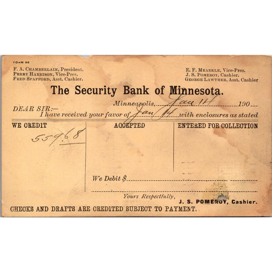 1907 The Security National Bank of Minnesota Postal Mailing Card AJ4-H3