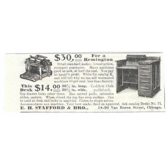 E.H. Stafford & Bro Remington Desk Chicago c1905 Original Advertisement AE7-SA1