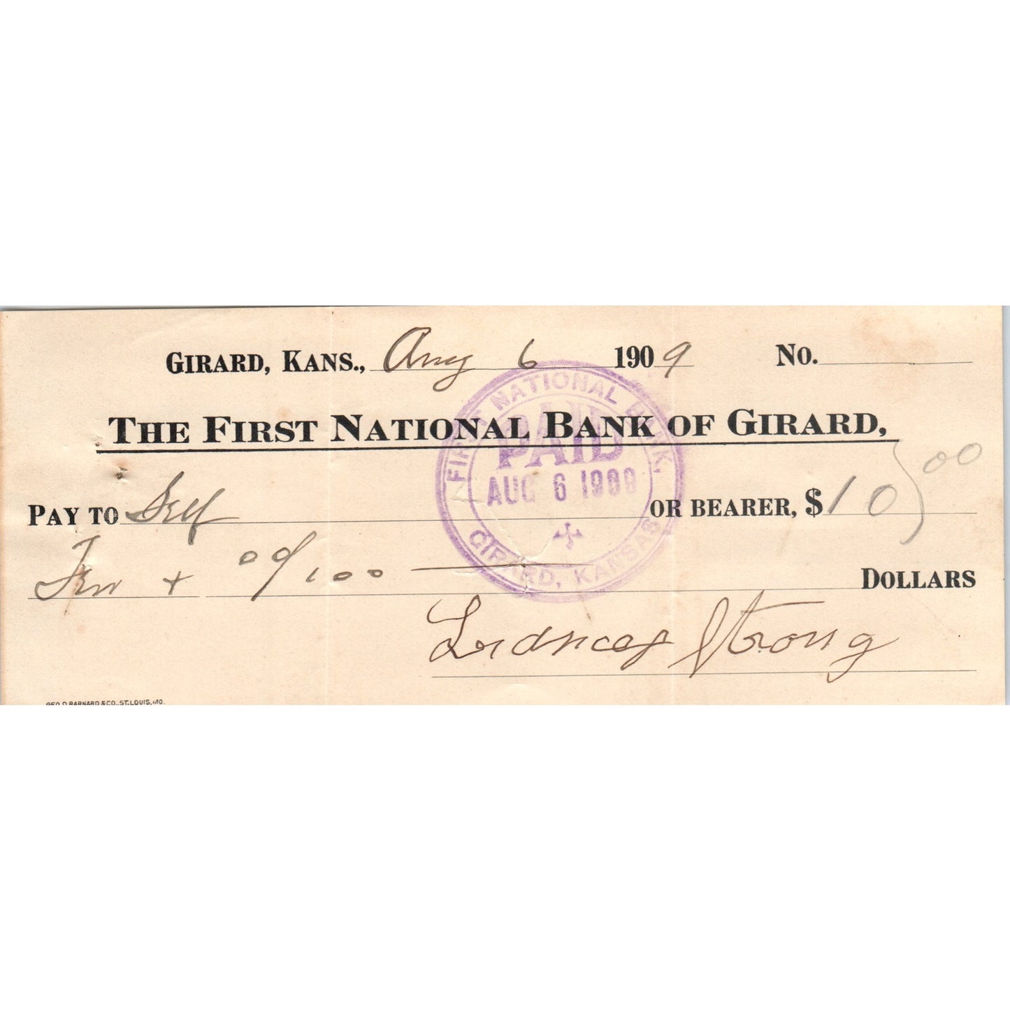 1909 First National Bank of Girard Kansas Bank Check AD8-R3